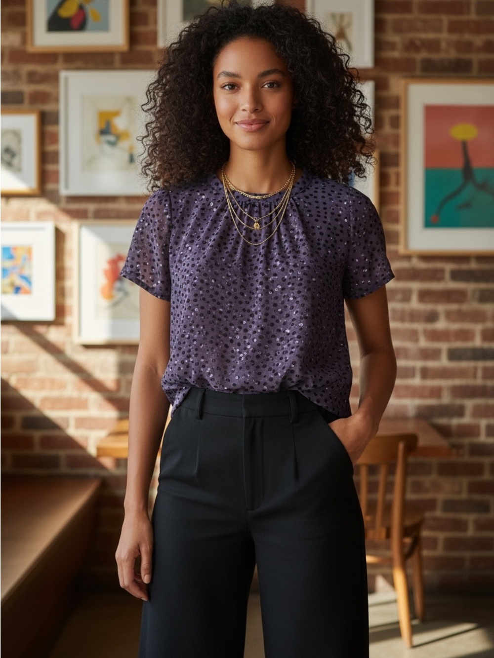 LOFT Sheer Polka Dot Shimmer Top Purple XS